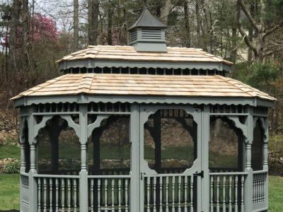 8' x 16' Wood Octagon, Deluxe Rails, Turned Posts, Cedar Shake, Pagoda Roof, Custom Paint