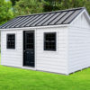 10x16 Gable Shed - LP Lap Siding, 9-Lite Door - Painted Black, Black Standing Seam Metal Roof, Upgraded Black Insulated windows