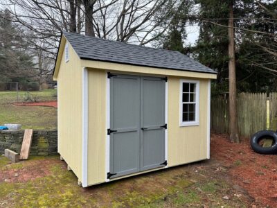 8x10 Shed - Woodland Cream Paint, White Trim, Gray Slate Door, Pewter Grey Shingles