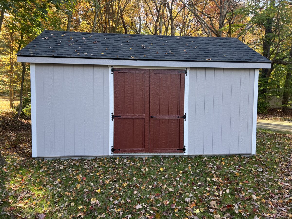 10x16 Gable Shed - Pearl Grey Siding, White Trim, Country Lane Red Door, Charcoal Shingles