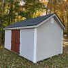 10x16 Gable Shed - LP Smartside Pearl Grey Siding, White Trim, Country Lane Red Door, Charcoal Shingles